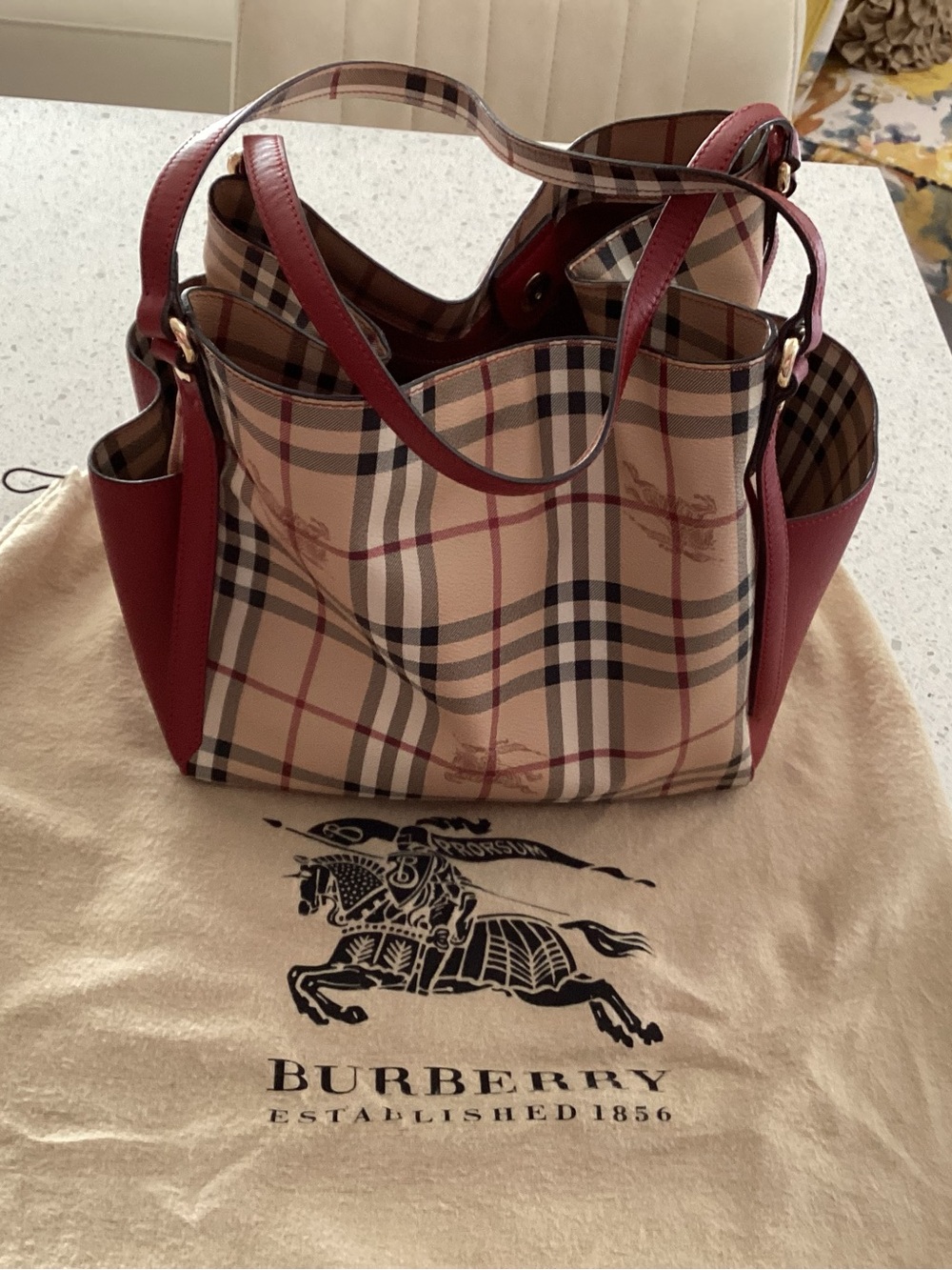 Burberry Beige Vintage Check Tote with Red Trim